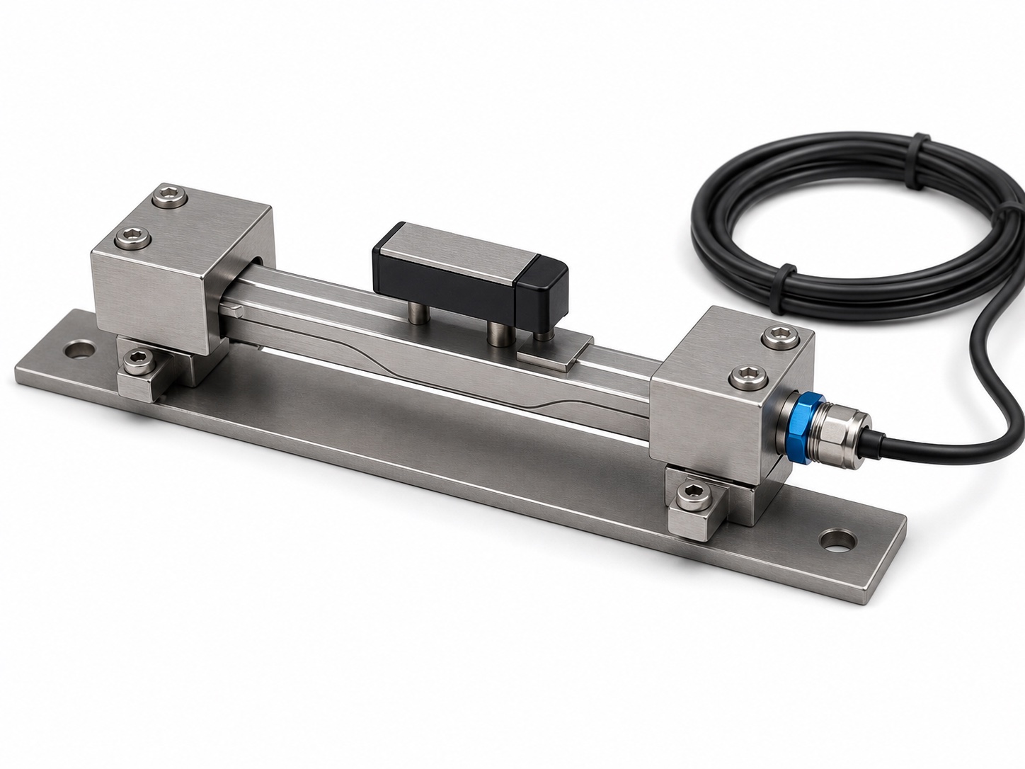 Catalog rendering of a surface-mounted vibrating-wire strain gauge with machined mounting blocks